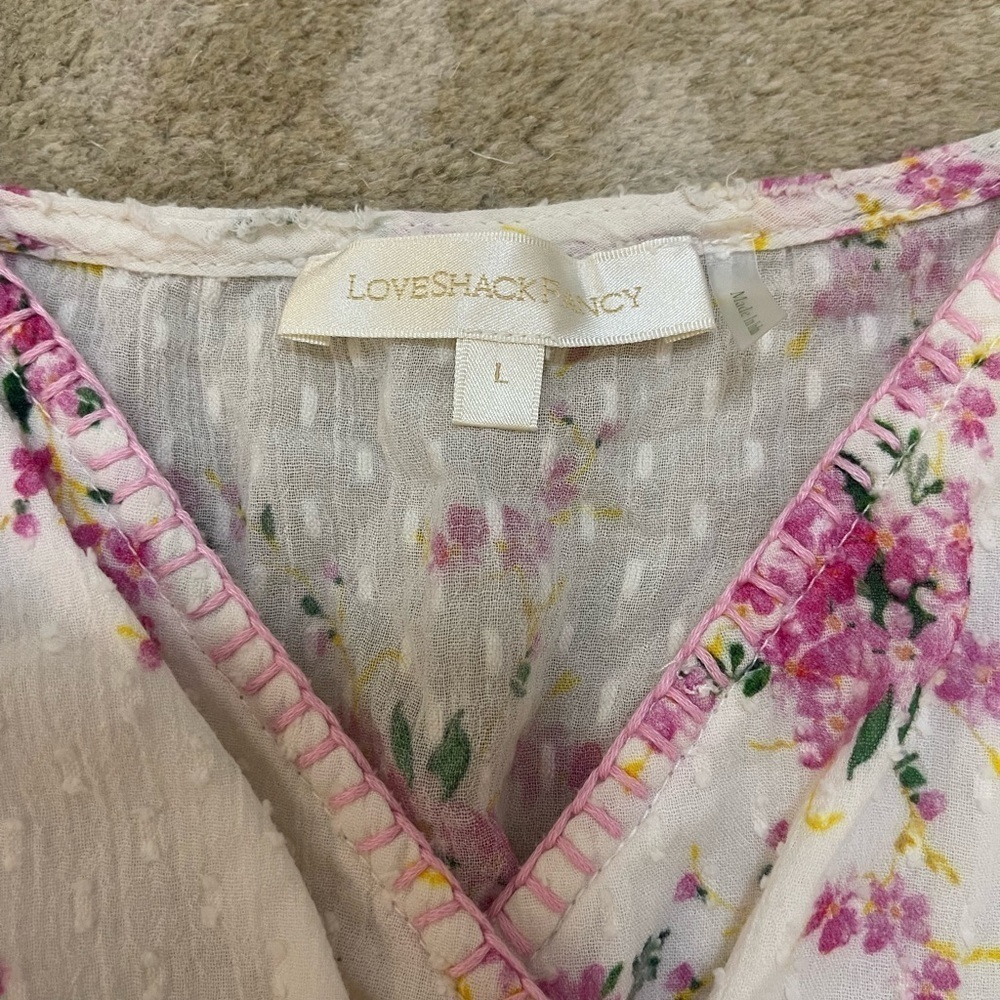 Love Shack Fancy white pink floral lace crochet sleeve crop tank women’s size L - Picture 6 of 8
